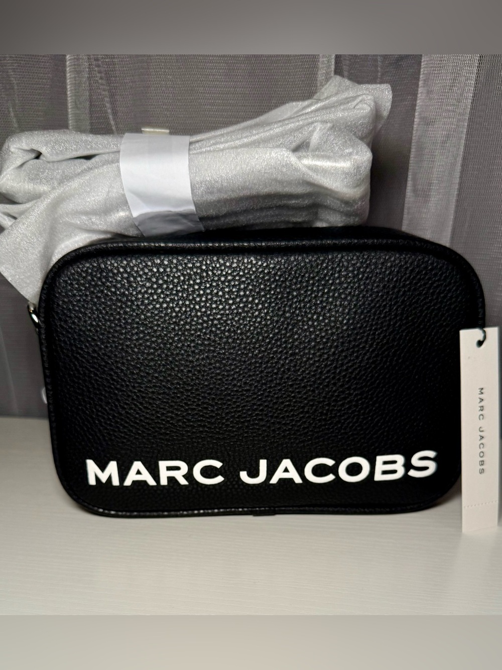 Marc Jacobs Black Pebbled Leather Crossbody Camera Bag with White Logo